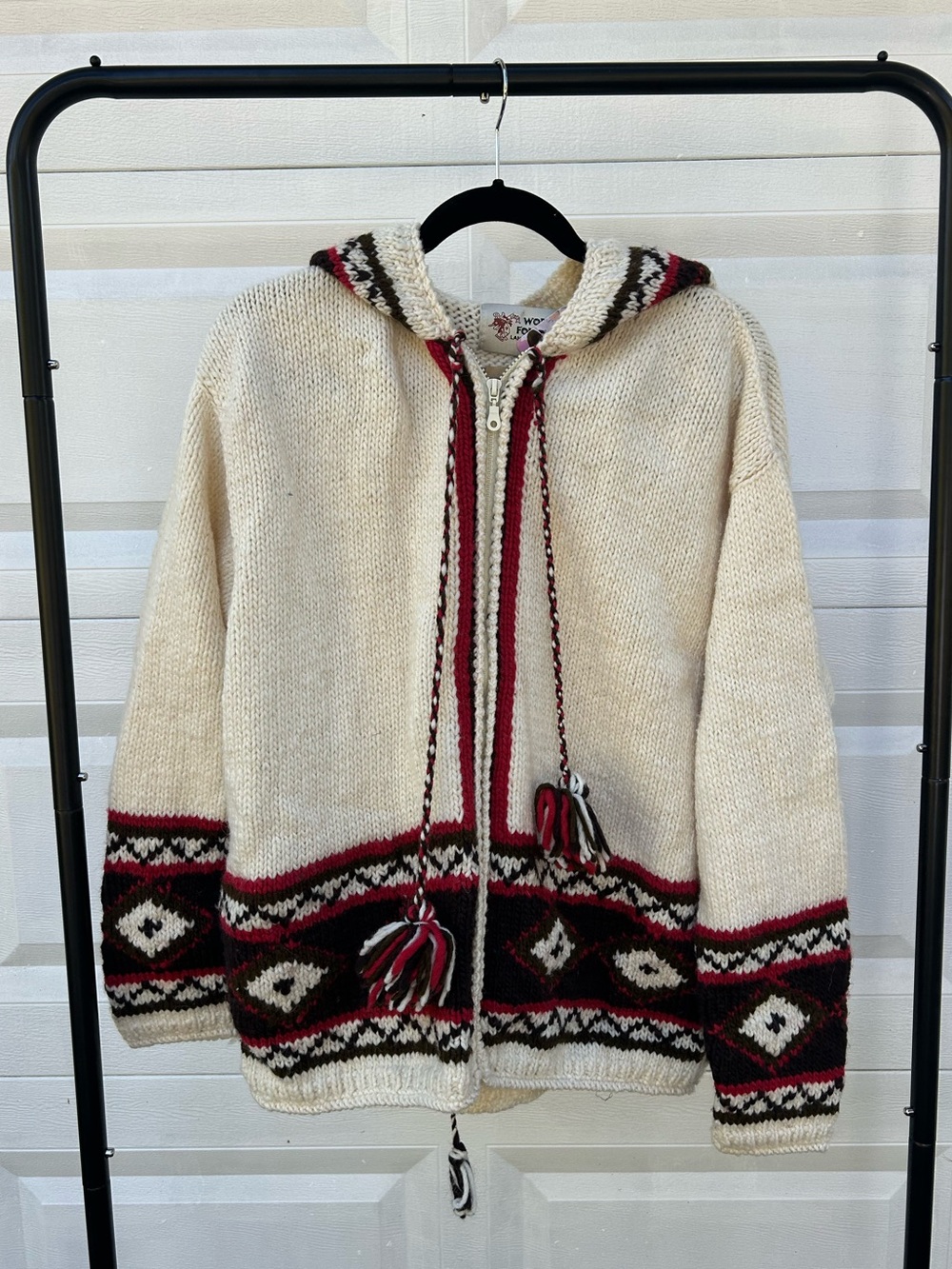 Folk art wool knit hooded sweater